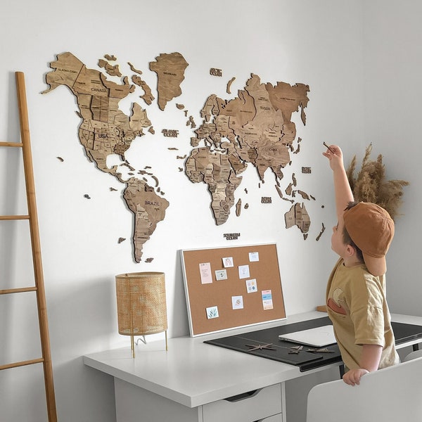 Kids Room Decor, Wood World Map Wall Art, Home Wall Decor for Office, New Homeowner Gift, Travel World Map Push Pin, Birthday Gift