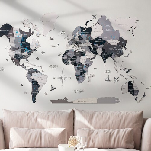 3D World Map Wall Art Living Room Wall Decor Home Decor Black Etsy UK