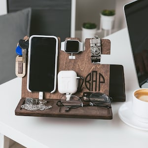 Docking Station for Men, Personalized Husband Gift, Wood Dock Station Men's iPhone Wallet Apple Watch Station, 5th Anniversary Gift for Him image 1