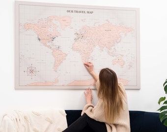 Vintage World Map Canvas, High Detailed World Map with 100 Pins, Travel Wall Art Poster, Personalized World Map for Wall, Mother's Day Gift