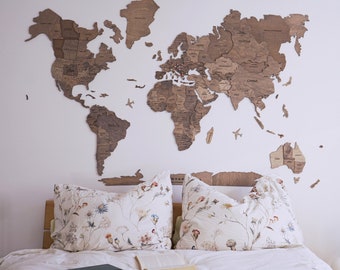 Wooden World Map Wall Art, Rustic Wall Decor, Travel Map Push Pin, Housewarming Gift for First Home, Apartment Decor, Birthday Gift for Mom