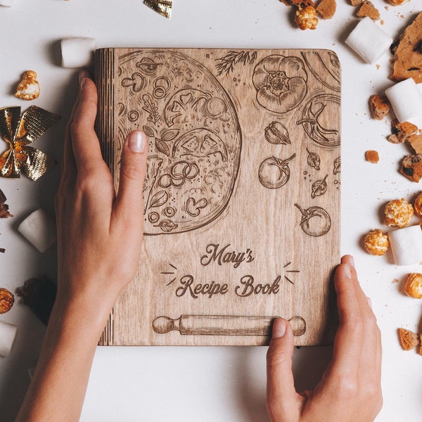 Recipe Book Wooden Binder, Personalized Gifts for Her, Mom Birthday Gifts, Custom Cookbook, Home Kitchen Gift for Women