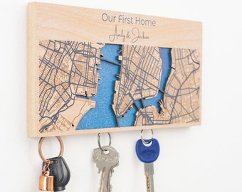 Personalized Key Holder For Wall, Custom Magnetic Key Organizer, Wooden Key Holder with Location Map Key Holder, Wall Art Home Decor