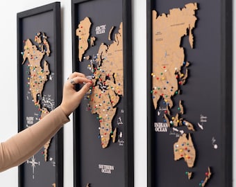 Cork World Map Wall Art, Push Pin Travel Map, Wood World Map, Home Decor, 3 Panel Wall Art, 5th Anniversary Gift for Him, Her, EnjoyTheWood