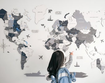 Home Decor, World Map Wall Art, Travel Map, Wooden World Map, Kids Room Decor, Birthday Gift, Apartment Decor, First Home Gift, EnjoyTheWood