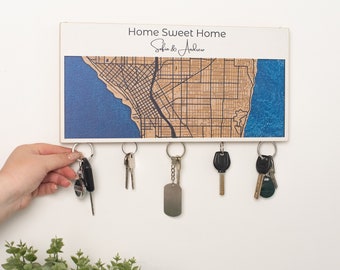 Wedding Anniversary Gift, Home Improvement Gifts, Magnetic Key Holder Wall, Personalized Location Map, Custom City Map, New Home Gift