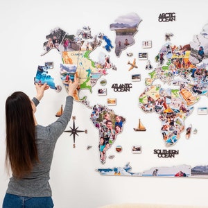 Foto Weltkarte Wandkunst, Wohnkultur, Reise Map Collage, Familienfotocollage, personalisiertes Jubiläumsgeschenk, Housewarminggeschenk