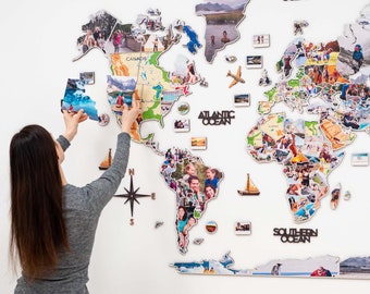 Photo World Map Wall Art, Home Decor, Travel Map Collage, Family Photo Collage, Personalized Anniversary Gift, Housewarming Gift
