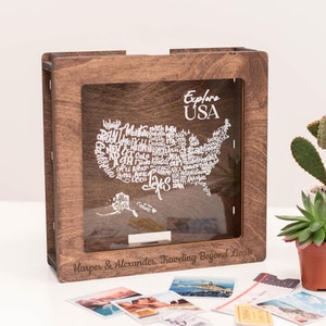 Hölzerne Reise Erinnerungsbox mit USA Karte, Memory Box, Speicher Organizer, Wanderlust Box, Geschenk für Paar, Ihn, Sie, Reise Erinnerungen Geschenk