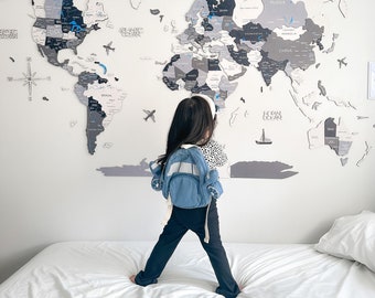 Art 3D unique de carte du monde en bois pour le mur de maison ou de bureau - décoration murale parfaite pour la maison ou le bureau, art mural de carte du monde, cadeau de pendaison de crémaillère