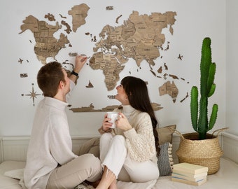 Neutrale 3D Weltkarte aus Holz, Wandkunst, Geschenk zum 5. Jahrestag, Reisegeschenk für Paare, große Wandkarte, Weltkarte Holz