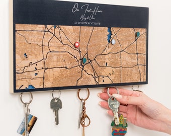Magnetic Key Holder For Wall, Custom Wooden Location Map, New Home Our First Home Housewarming Gift, Family Key Organizer, Wall Key Hook