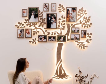Wedding Anniversary Gift, Large LED Family Tree Wall Art, Custom Family Photo Collage, Family Tree Wall Decal, Home Decor, by Enjoy The Wood
