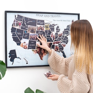 Reiskaart VS met foto's, gepersonaliseerd cadeau voor familie, ouders, woondecoratie, kaarten kunst aan de muur, kaart van de Verenigde Staten, cadeau eerste verjaardag