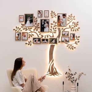 Wedding Anniversary Gift, Large LED Family Tree Wall Art, Custom Family Photo Collage, Family Tree Wall Decal, Home Decor, by Enjoy The Wood