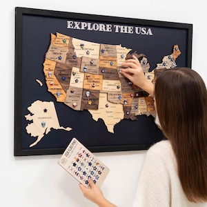 US Travel Map, Framed Wall Map, Push Pin Map of United States, American Art, Home Decor, Housewarming Gift, Enjoy The Wood