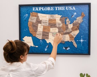 US Map on Board, Travel Map Push Pin, Patriotic Decor, Birthday Gift, Wooden Map Of United States, Apartment Decor, States Visited Map