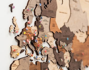 Map of The World, Wooden World Map with Pins, Travel Home Decor, 5th Anniversary Present