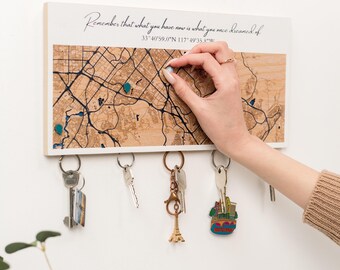 Personalized Key Holder For Wall, Custom Magnetic Key Organizer, Wooden Key Holder with Location Map Key Holder, Wall Art Home Decor