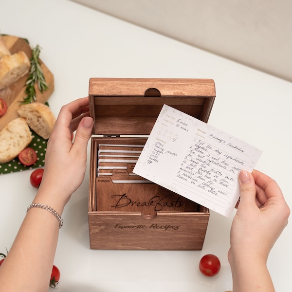 Wood Recipe Box with Dividers, Personalized Recipe Cards, Custom Engraved Recipe Box, Gifts for Mom Kitchen, Mother's Day Gift for Grandma