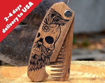 Husband Gift Dad Boyfriend Father's Day Skull Beard Brush Hair Comb Personalized Engraved Grooming Folding kit Brother Bride Father In Law