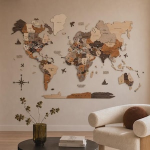 Wooden World Map Home Decor, Travel Map Wall Art, 5th Anniversary Gift