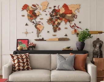 Mapa del mundo 3D de madera, arte de pared de madera, decoración del hogar, regalo para amantes de los viajes, regalo para apartamento nuevo