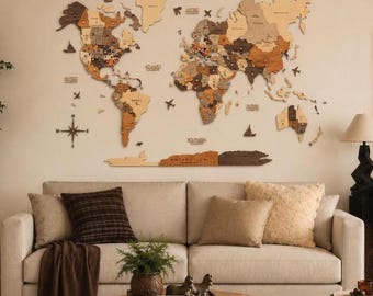 Wooden World Map with Pins, Places You've Been Map, Collect Moments, Travel Inspiration, Housewarming Gift for Interior Designer