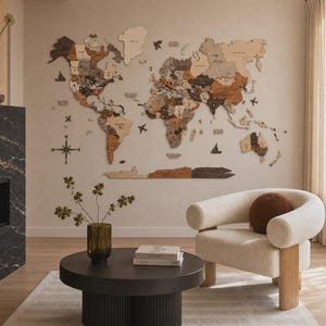 Wooden World Map Home Decor, Travel Map Wall Art, 5th Anniversary Gift