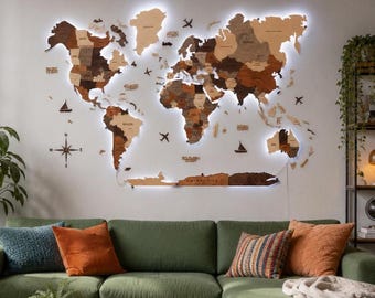 Large Travel Map with LED Lighting, Push Pin World Map, Wooden Wall Art