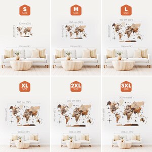 May include: A multi-panel display showing six sizes of a wooden world map wall art, labeled S, M, L, XL, 2XL, and 3XL. Each map features varying shades of brown wood and includes dimensions in inches, ranging from 20x14 inches to 118x69 inches.