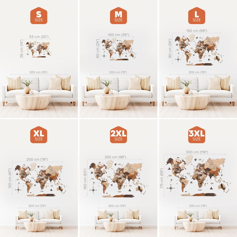 May include: A multi-panel display showing six sizes of a wooden world map wall art, labeled S, M, L, XL, 2XL, and 3XL. Each map features varying shades of brown wood and includes dimensions in inches, ranging from 20x14 inches to 118x69 inches.