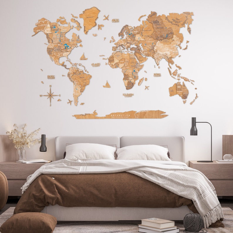 Wooden World Map Enjoy The Wood, Home Decor, World Map Wall Art, 5th Anniversary Gift For Girlfriend, Housewarming Gift, Living Room Decor image 7