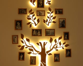 Large LED Family Tree Wall Art, Custom Family Photo Collage, Family Tree Wall Decal, Wooden Family Tree, Wedding Anniversary Gift