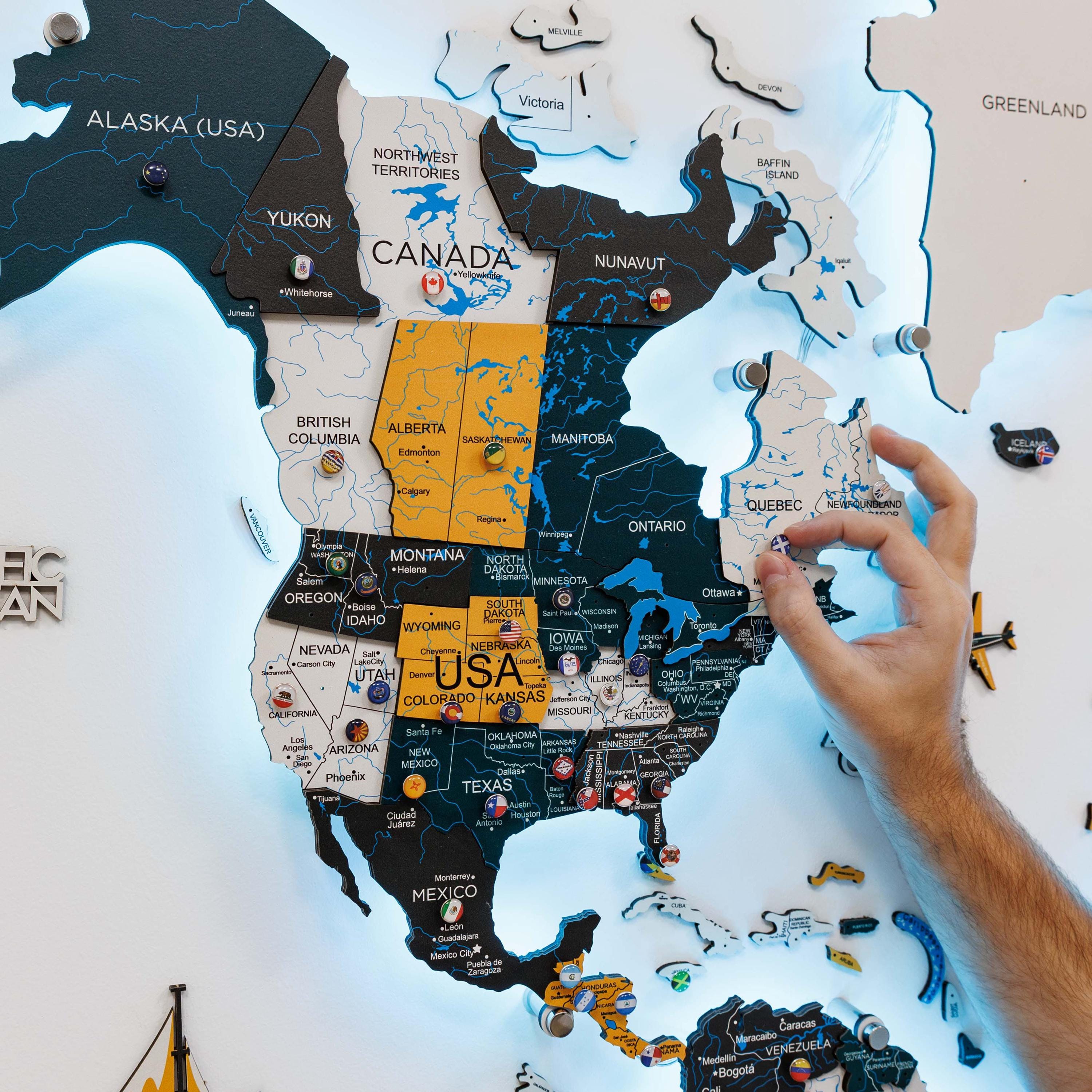 3D World Map With LED Backlight Glows in the Dark Push Pin Traveling ...