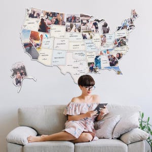 Collage de photos de voyage, décoration murale personnalisée, carte des États-Unis avec punaises, carte de voyage avec photos de couples, traqueur de souvenirs des États-Unis, cadeau d'appartement