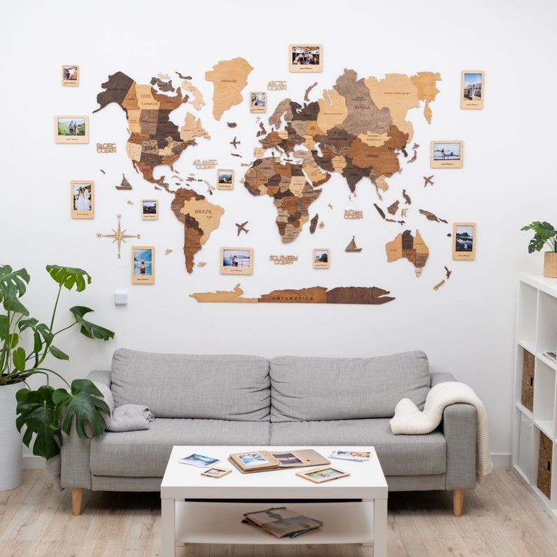 World Map Push Pin, Bedroom Decor, Home Decor Modern, Wood Travel Map Wall Art Large Decor, 3D World Map, 5th Anniversary Gift For Husband 