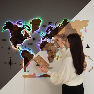 3D Wooden World Map LED Backlighting Smart LED Decor House Wall Art Travel Map Push Pins Birthday Present Wedding Gift New Home Gift