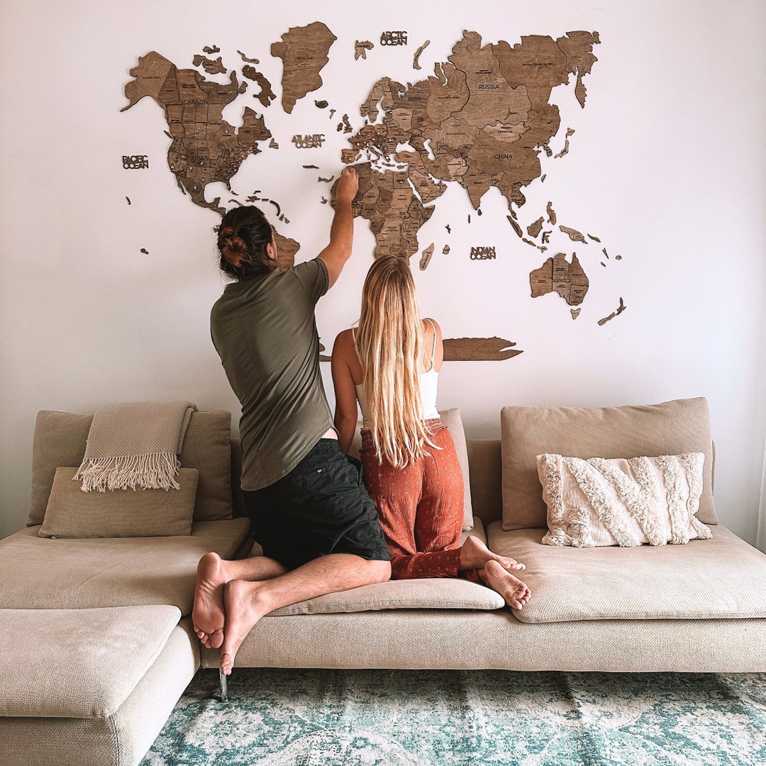 Wooden World Map Wall Art Rustic Home Decor Above Bed 5th Etsy