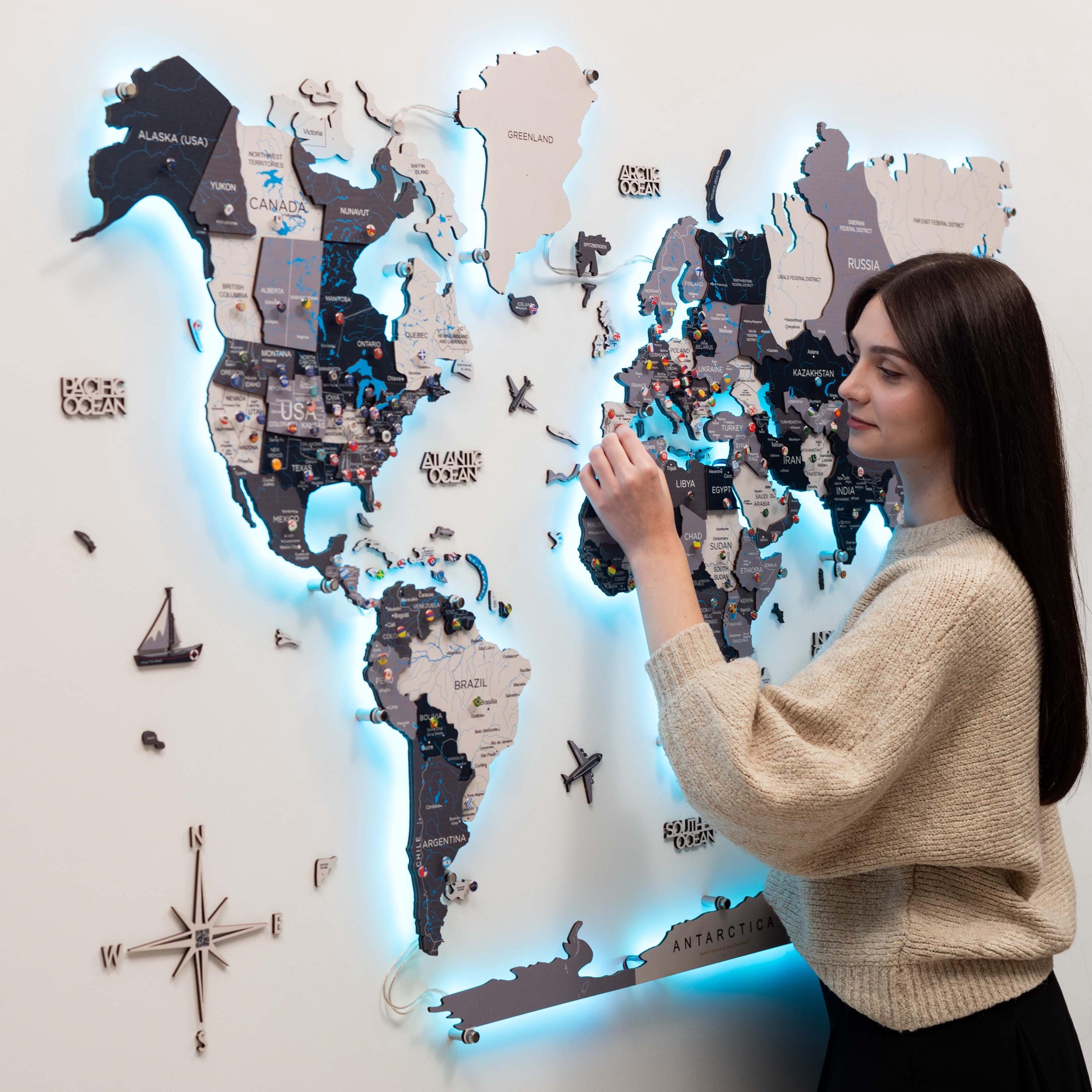 3D World Map with LED backlight, Travel Map Push Pin, Home Decor, Living Room Decor, 5th Anniversary Gift, Birthday Gift, Housewarming Gift