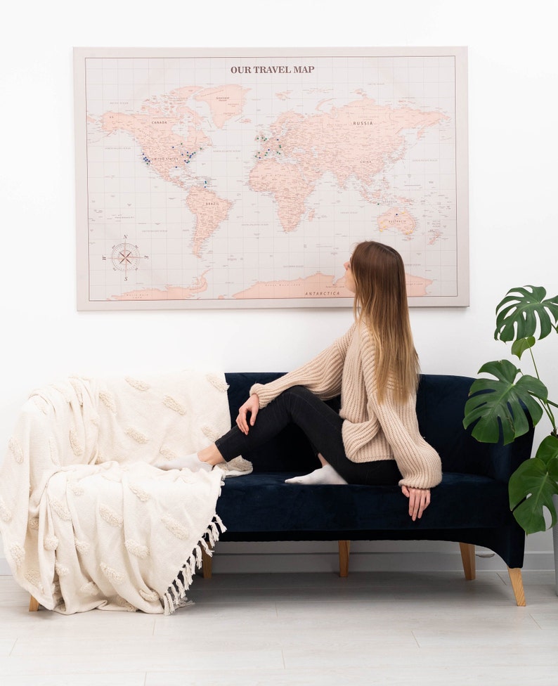 World Map Push Pin Customized Pin Board Canvas Wall Art Modern Map Print Birthday Gift for Traveler, Anniversary Gift for Wife image 9