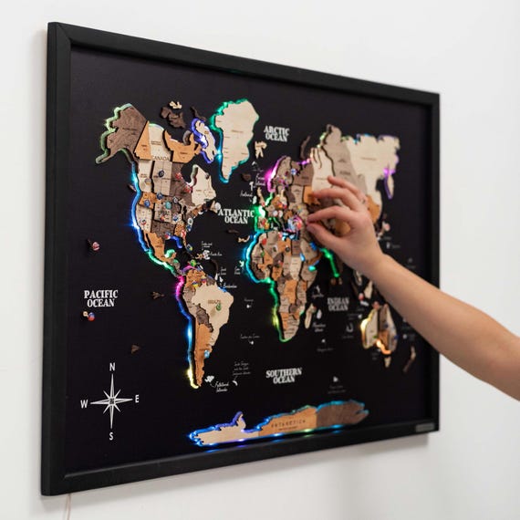 LED Wooden World Map Personalized Travel Map Push Pin Adventure Memory Board Wall Art Apartment Decor Housewarming & Anniversary Gift