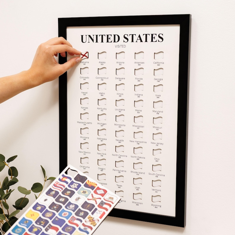 May include: A framed United States map with cut-out state shapes. The words "UNITED STATES VISITED" are at the top. A hand is placing a sticker flag on the Alabama cutout. A sheet of state flag stickers is in the foreground.