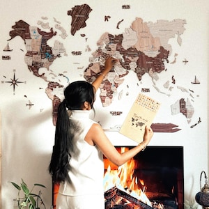Décoration d'intérieur unique pour les amateurs de voyages, cadeau de pendaison de crémaillère pour une première maison, carte du monde en bois 3D, cadeau de vacances pour couple, idée cadeau anniversaire
