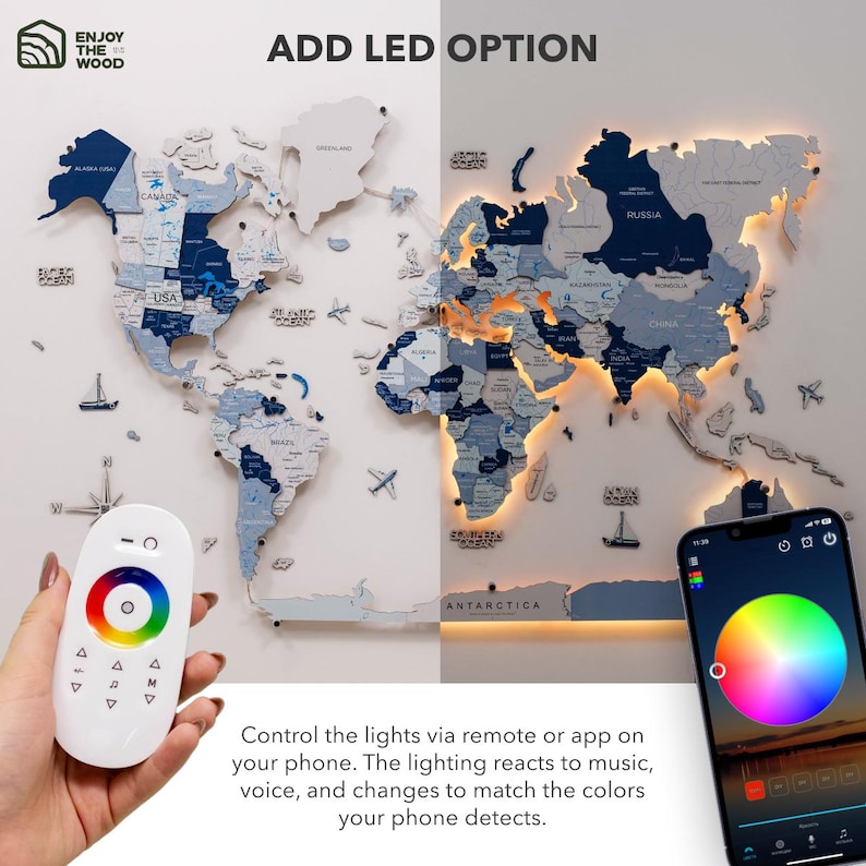 3D Wooden World Map With LED Backlight, Push Pin Traveling Map Tracker ...