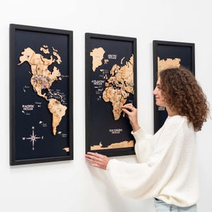 3-delige kunst aan de muur, decor push pin wereldkaart, reistrackerkaart, cadeau 5e verjaardag, kurkbordkaart, verticaal wanddecor, cadeau reisliefhebber
