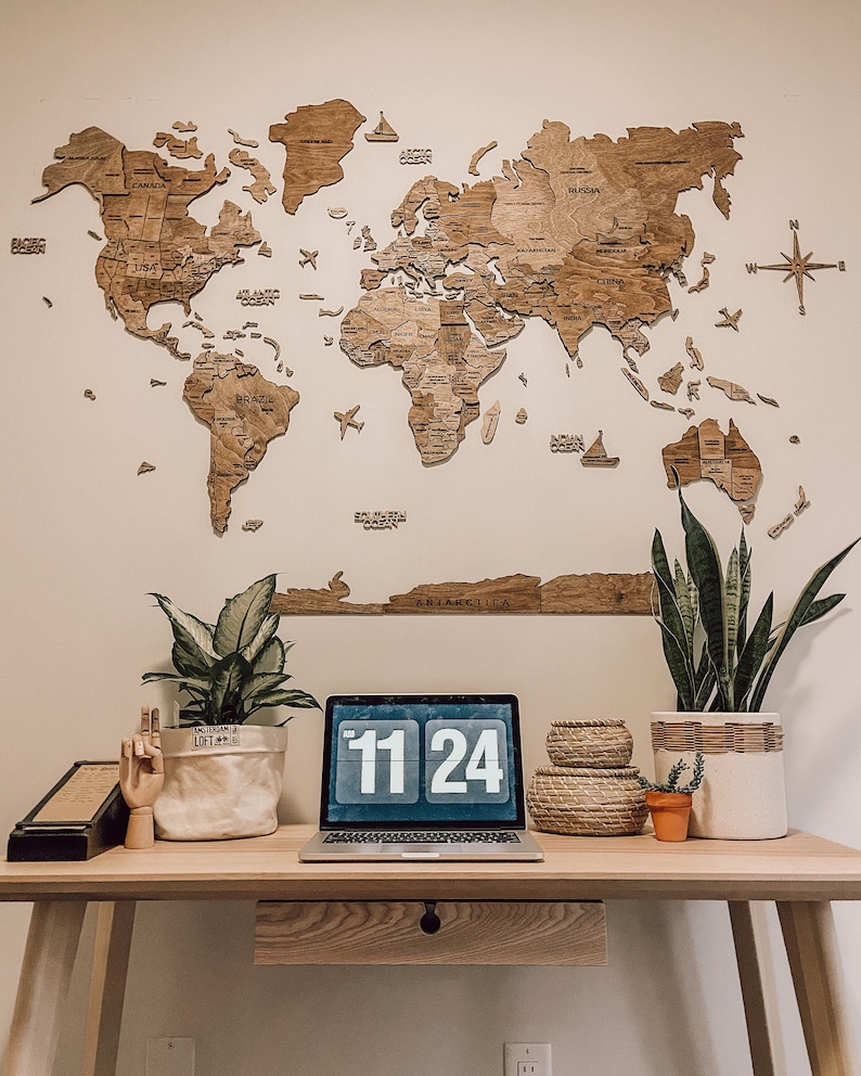 5th-anniversary gift ideas for couples #2: Wood world map travel wall art