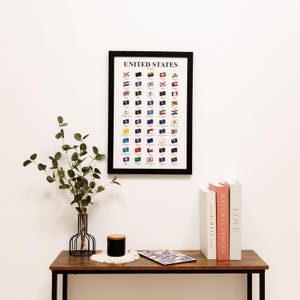 May include: A framed print displaying the flags of the United States. The black framed print is mounted on a white wall above a wooden table. The table holds a vase with greenery, a candle, and books.