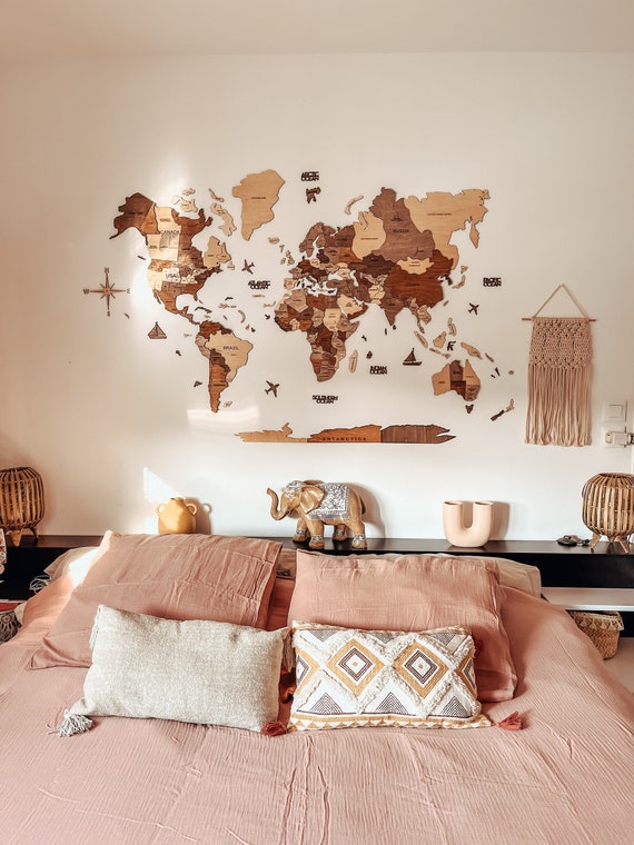 New Home Gift Wood Wall World Map Room Decor Aesthetic - Etsy ...
