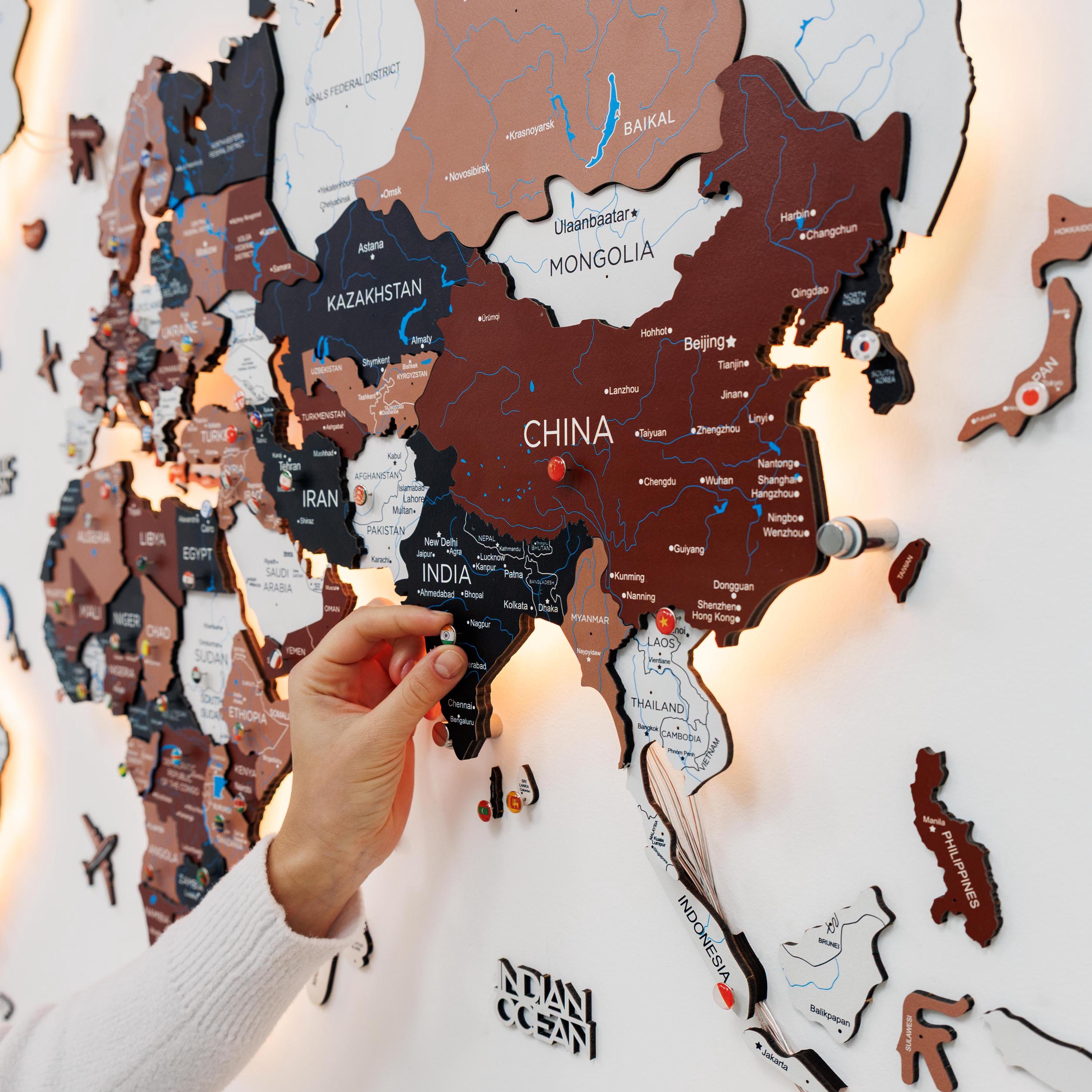 3D World Map With LED Backlight Glows in the Dark Push Pin Traveling ...